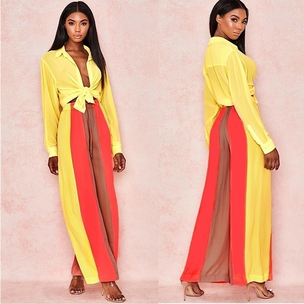 NWT HOUSE CB Semi-Sheer Neon Stripe‎ Chiffon High Waist Wide Leg Palazzo Pant XS